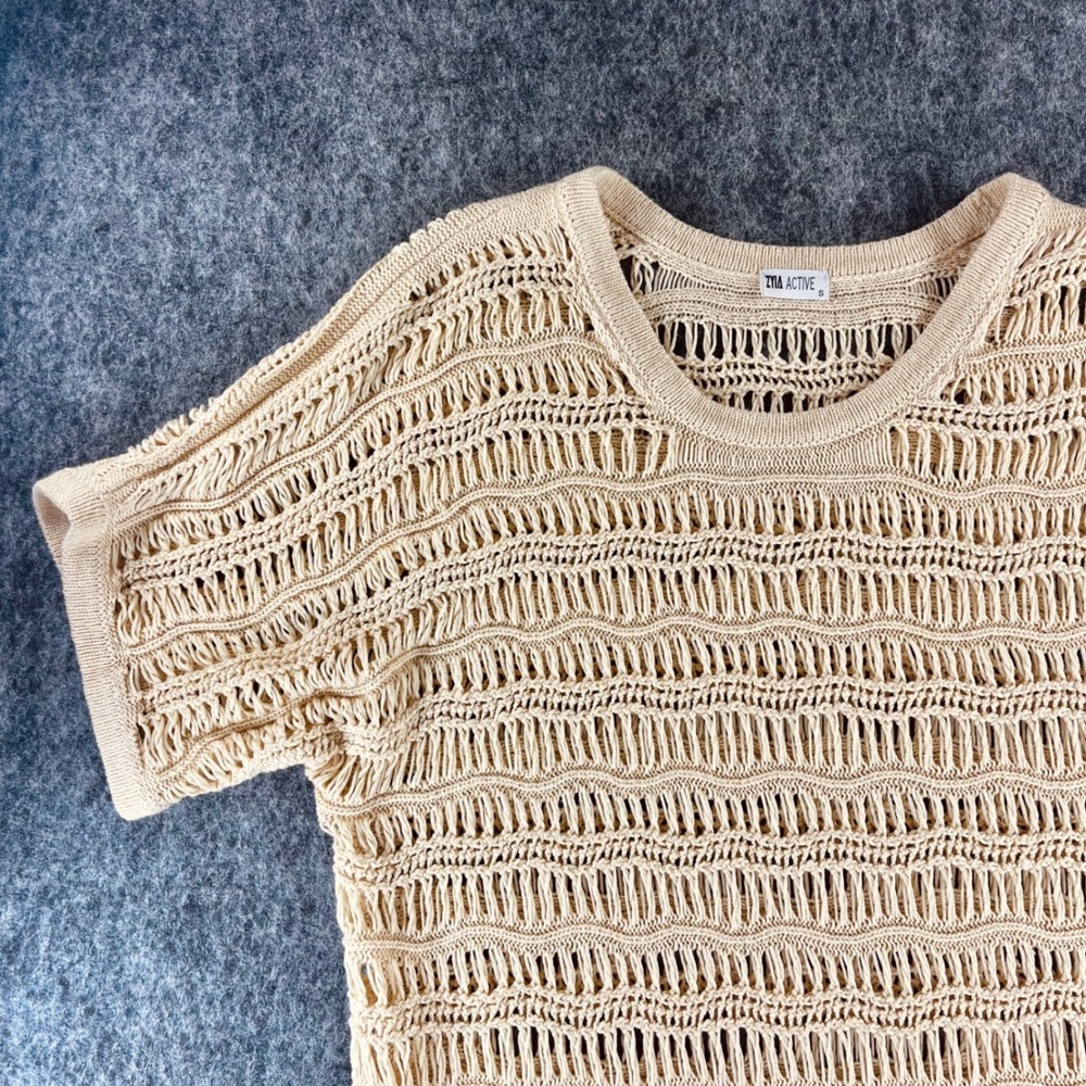 ZYIA Active Hilton Head Sweater‎ Womens S Tan Ivory Knit Short Sleeve Oversized - Picture 2 of 9